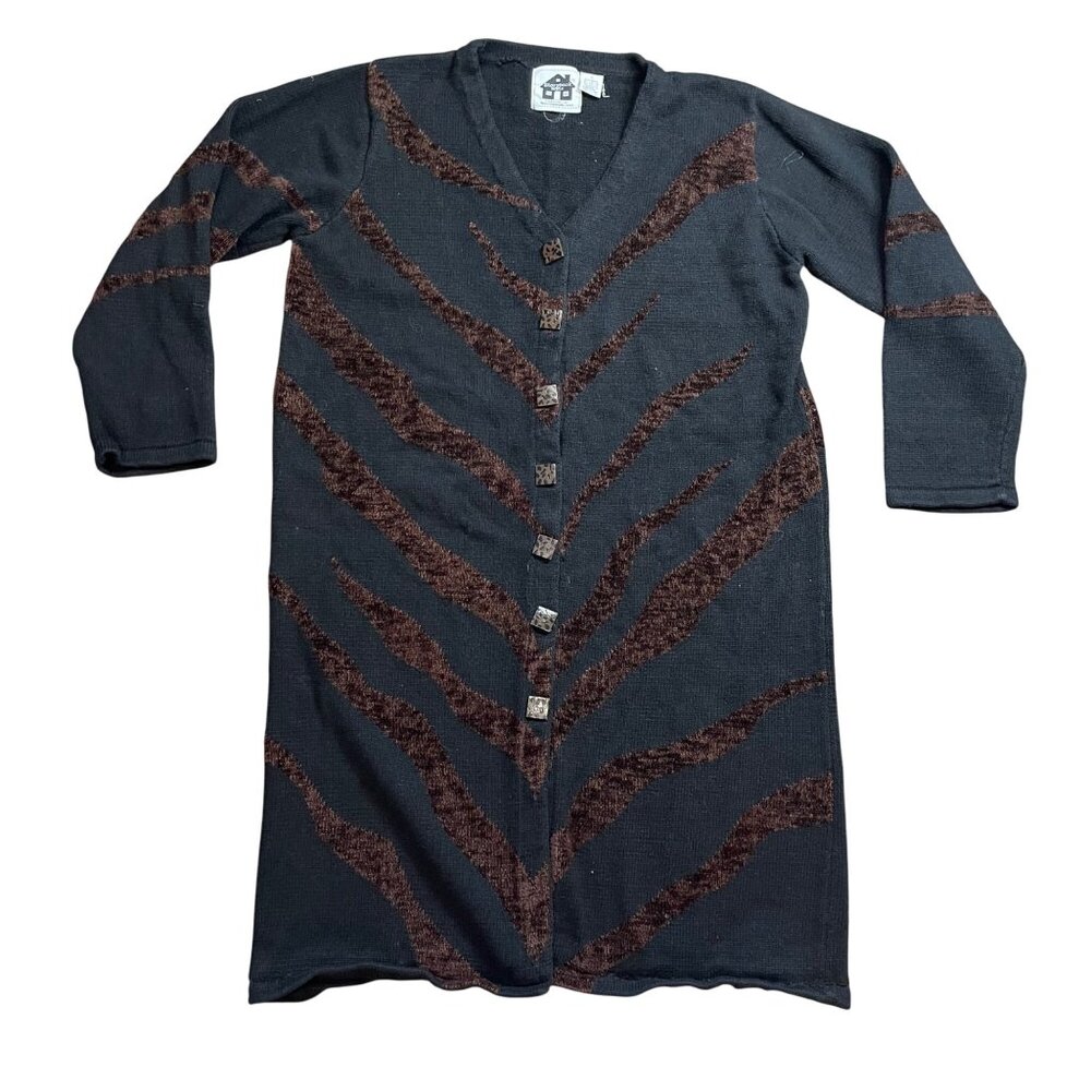 Vintage Storybook Knits Tiger Stripe Cardigan‎ Sweater Women's Large Black FLAW